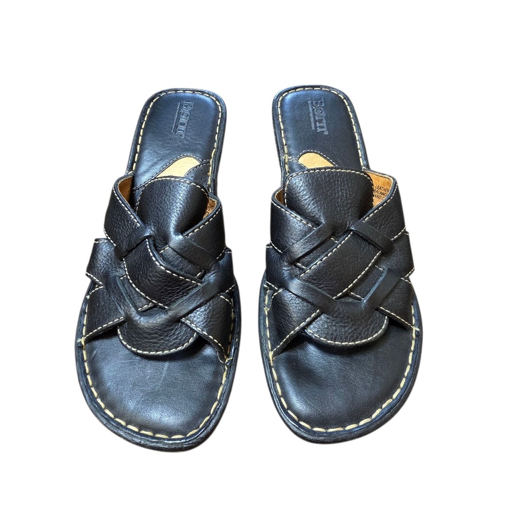 Born Black Leather Woven Wedge Sandals Slides Comfort‎ Shoes Women's Size 8 / 39